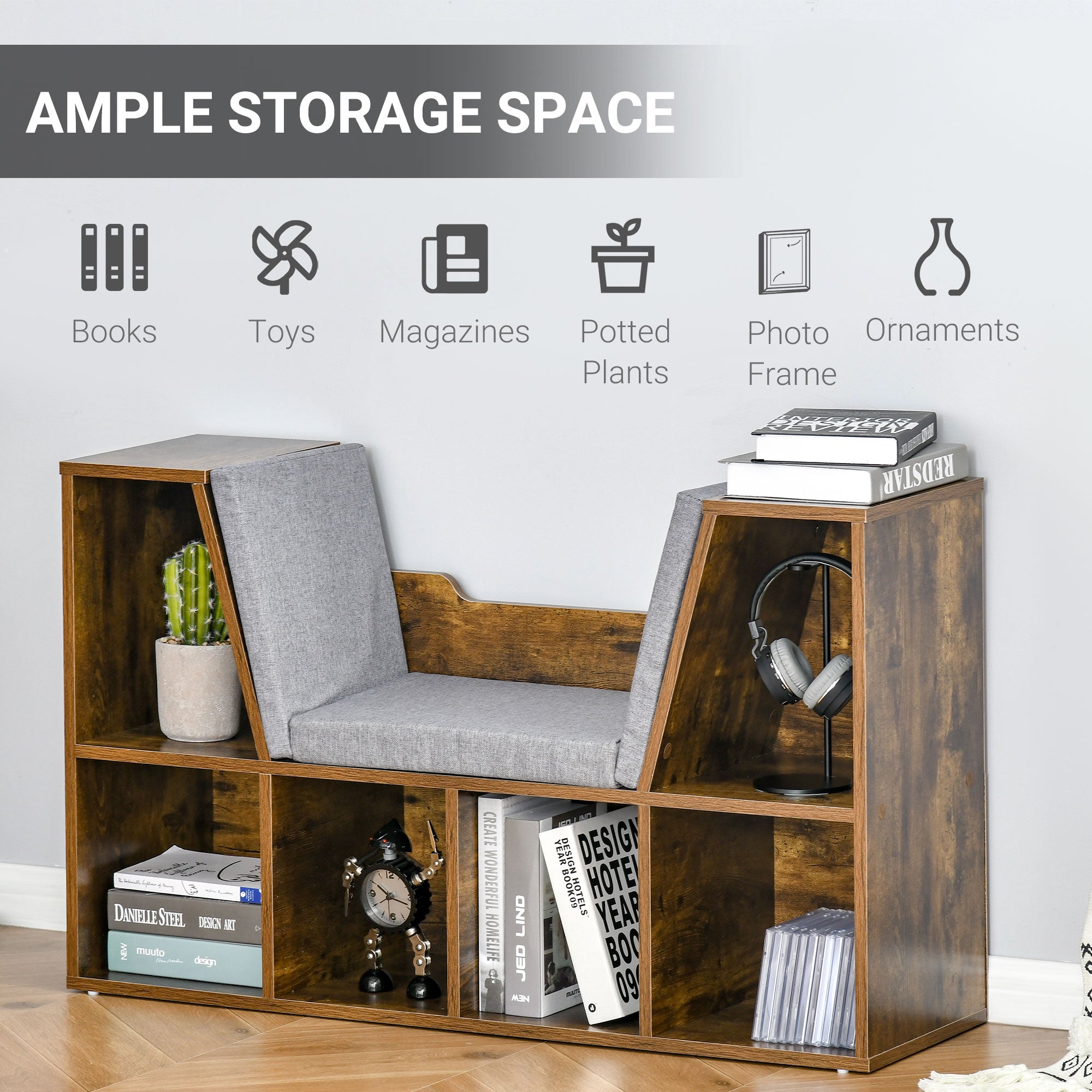 HOMCOM Kids Bookcase Storage Unit with 6 Cubbies and Padded Reading Seat, Brown