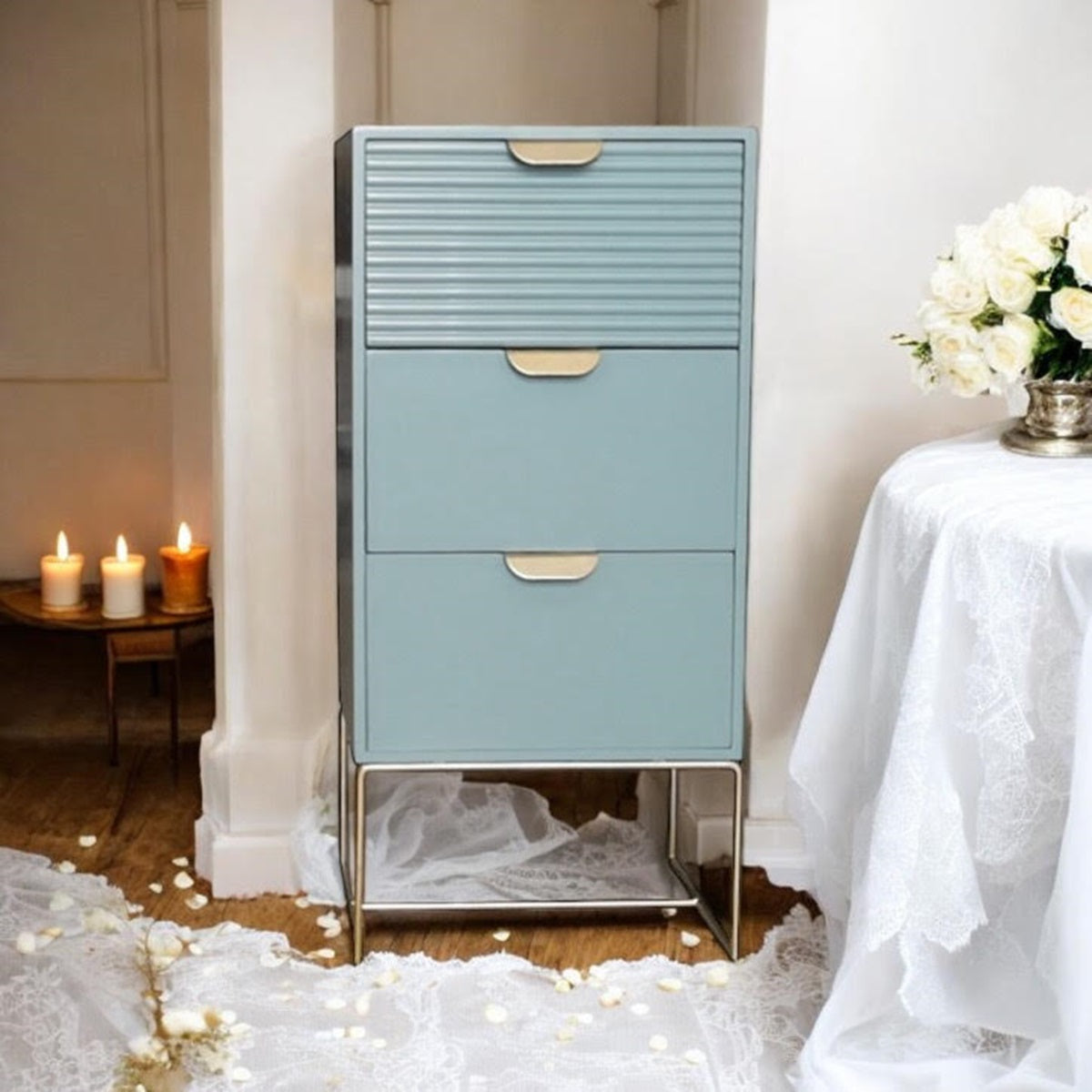 64cm Green Wooden 3 Drawer Bedside Table with Scalloped Edge Design