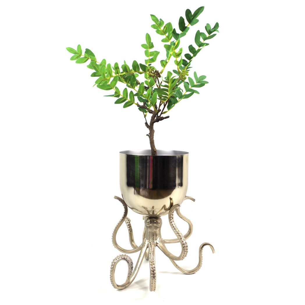 Leaf 28cm Silver Hand-Finished Metal Octopus Bowl Style Planter with Stand