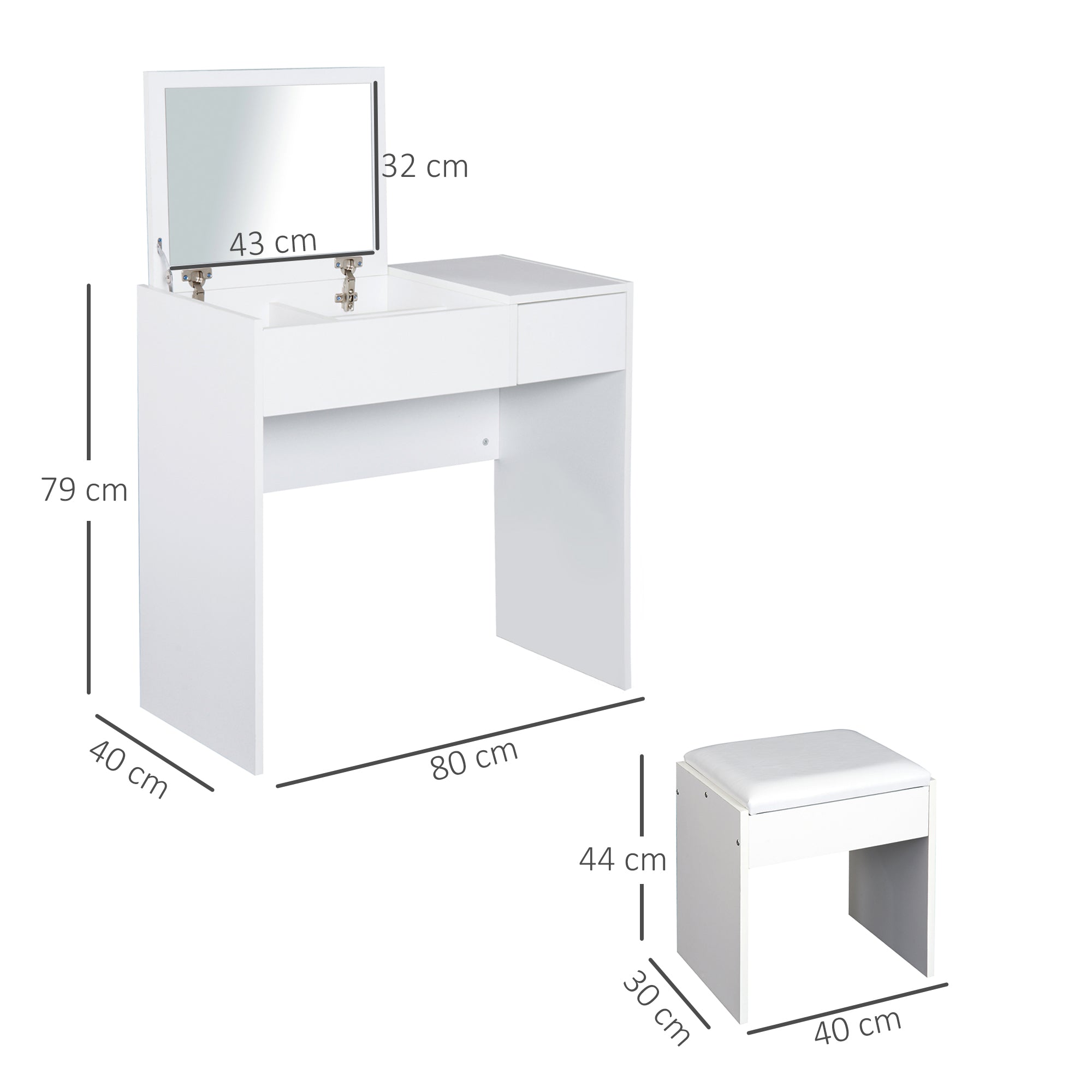 HOMCOM White 2-in-1 Dressing Table and Writing Table with Padded Stool, Flip-Top Mirror, Storage Compartment and Drawer