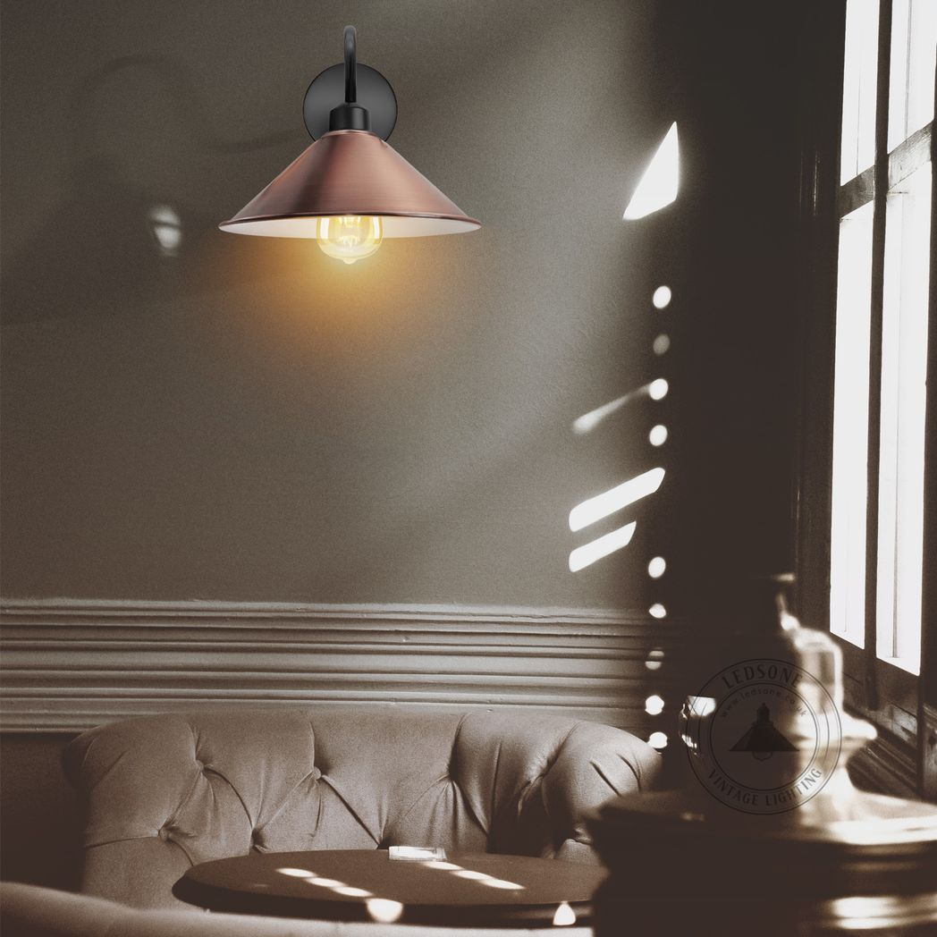 Vintage Copper and Black Wall Sconce, E27 Swan Neck Cone Shade