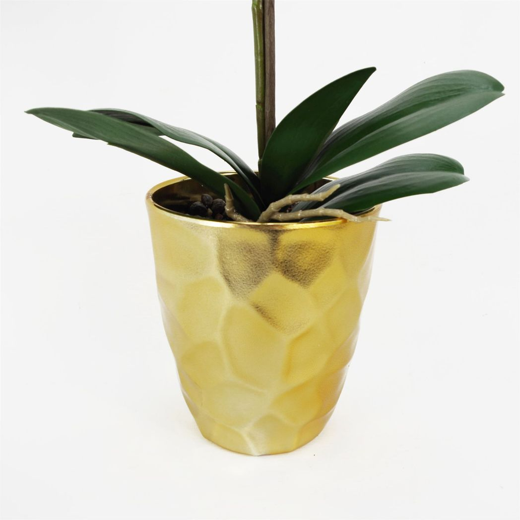 Leaf 54cm Artificial Orchid Plant with 10 Real Touch Flowers, Dark Pink in Gold Plastic Pot