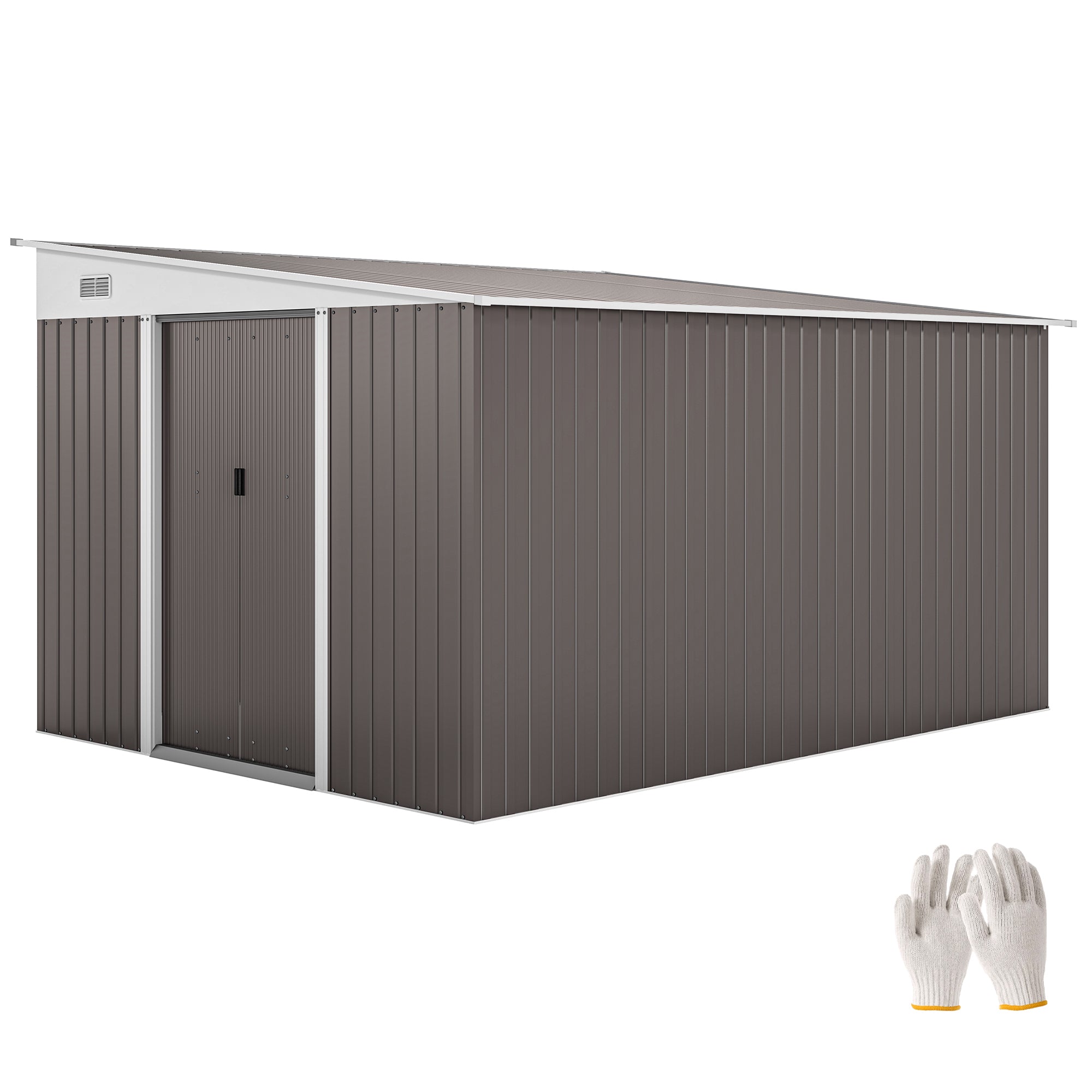 Outsunny 11.3 x 9.2ft Steel Garden Shed with Double Sliding Doors, 2 Air Vents, Grey