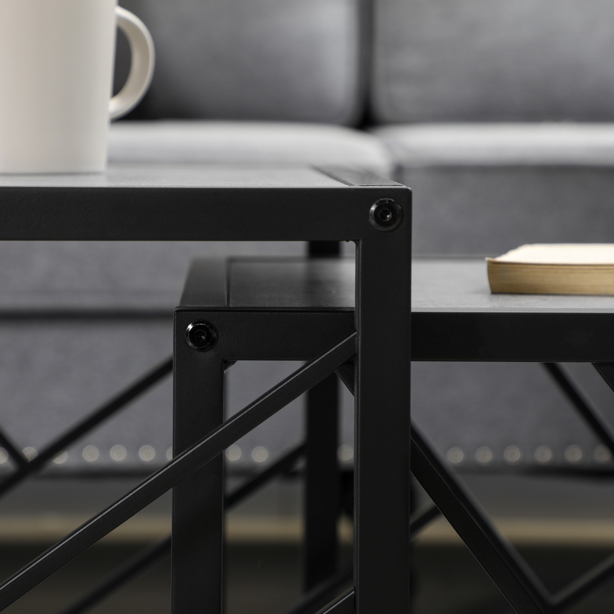 Set of 3 Nesting Square Coffee Tables, Grey Metal Frame