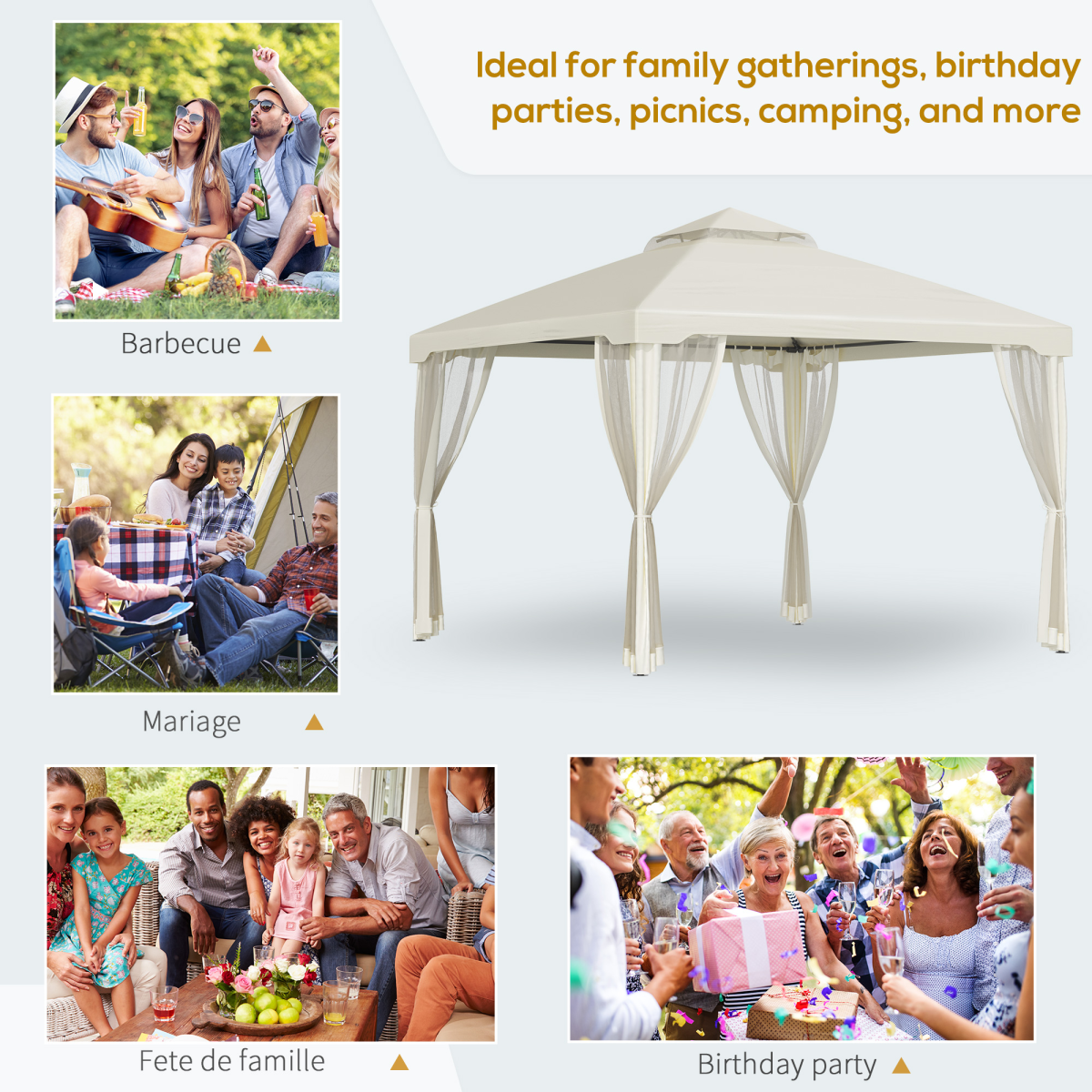 Outsunny 3x3m 2-Tier Polyester Outdoor Garden Gazebo with Mosquito Netting, Cream White