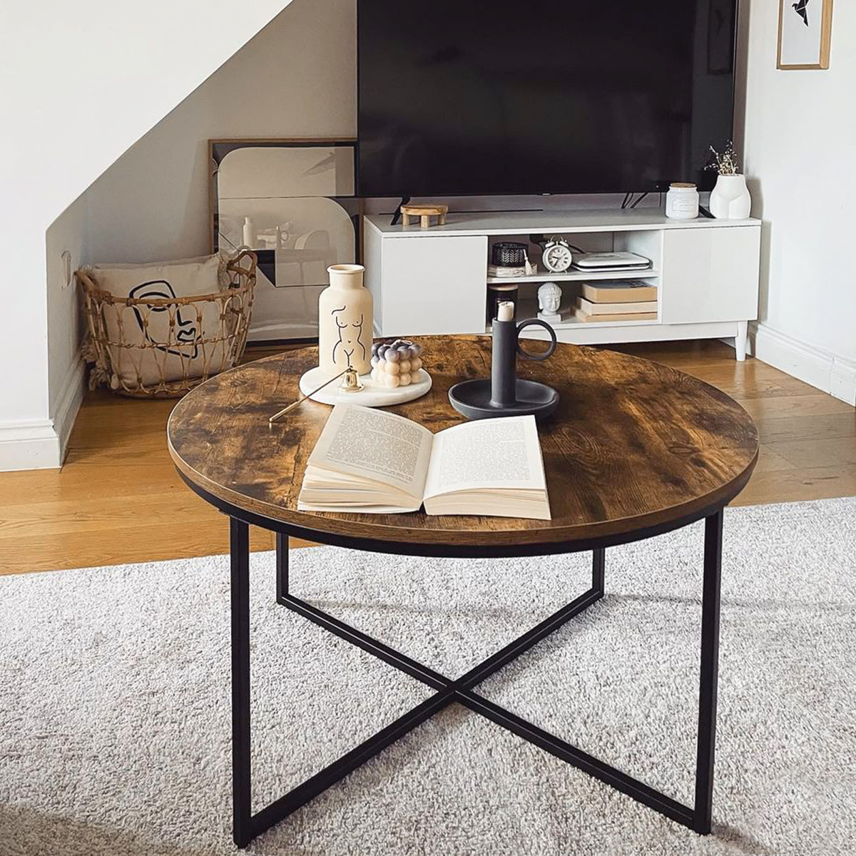 HOMCOM Industrial Round Side Table with Large Tabletop, Metal Frame and X-Shaped Base, Rustic Brown