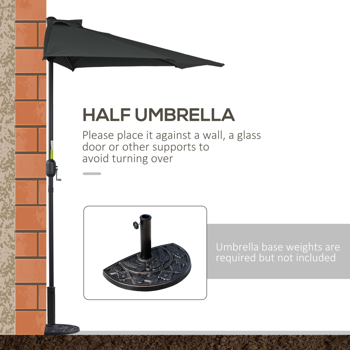 Outsunny 3(m) Half Round Parasol Garden Sun Umbrella Metal w/ Crank Black