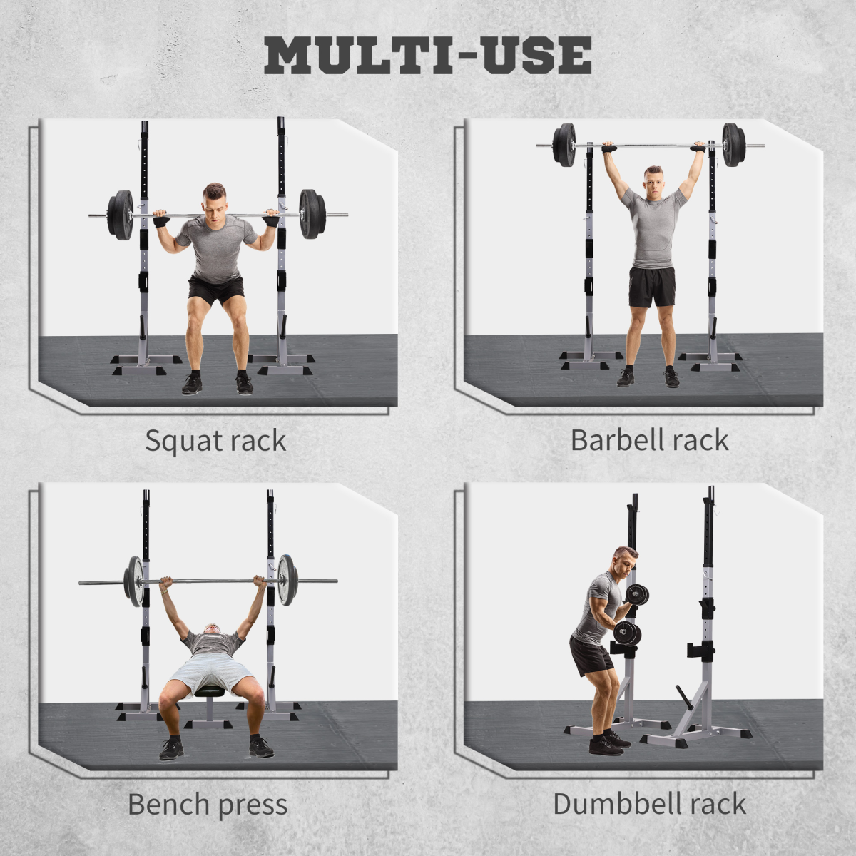Adjustable Pair of Barbell Squat Racks with 3 Barbell Holders, Steel Frame, 200kg Max Load