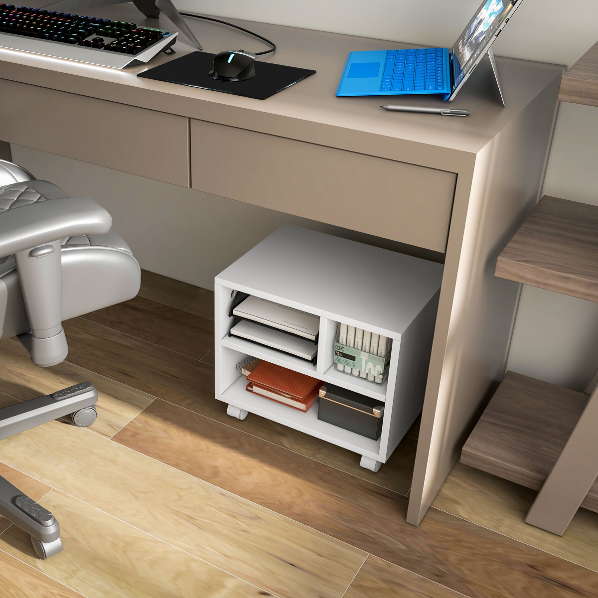 HOMCOM White Printer Stand with Storage and Wheels for Home Office