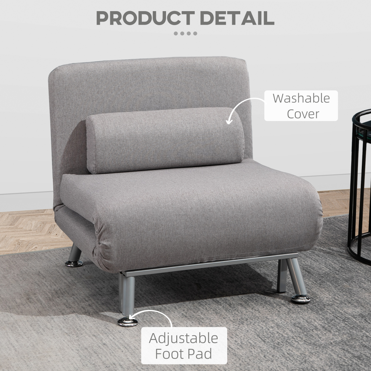 HOMCOM Grey Linen Upholstered Single Sofa Bed with Adjustable Back and Pillow