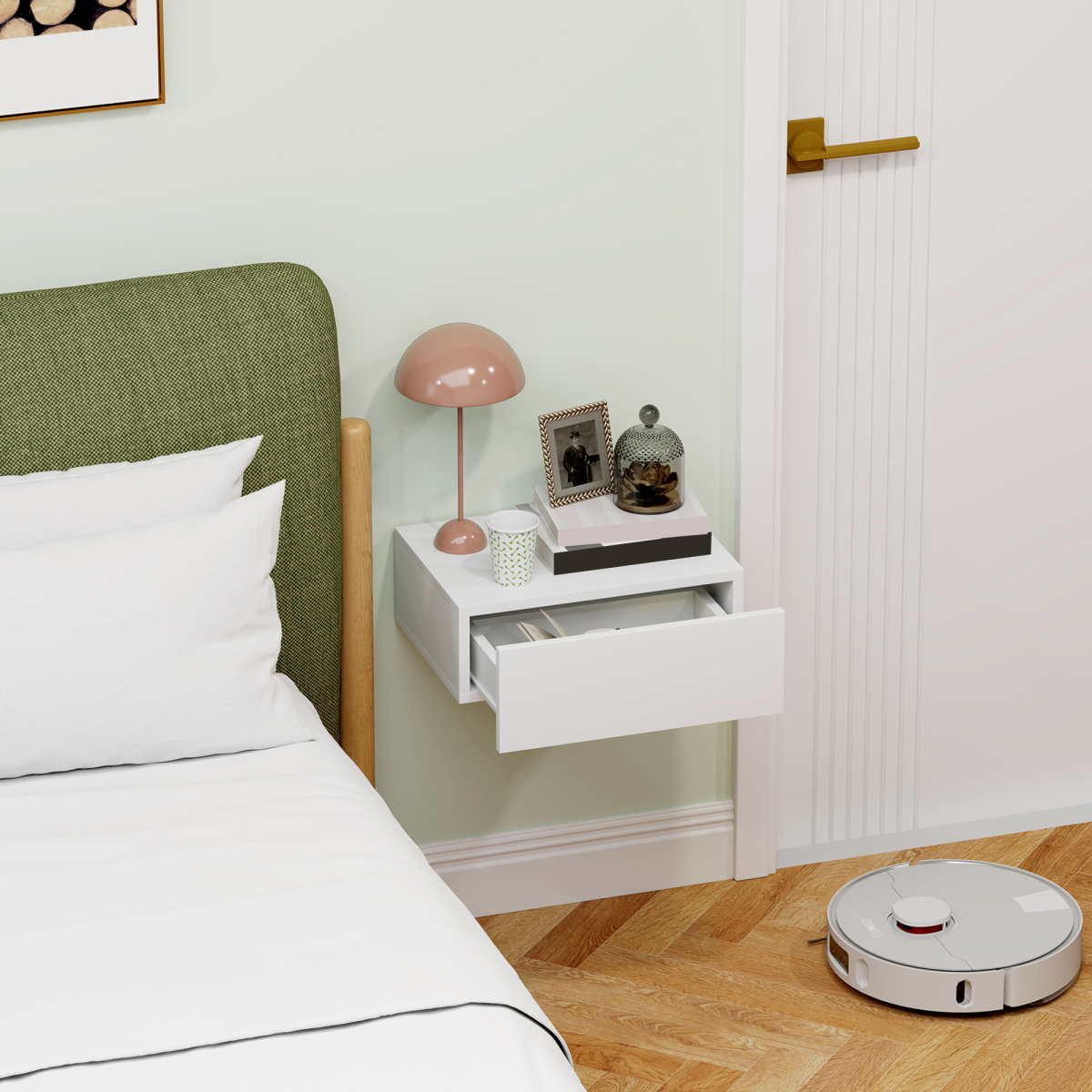 HOMCOM Wall-Mounted Floating Bedside Table with Drawer, White