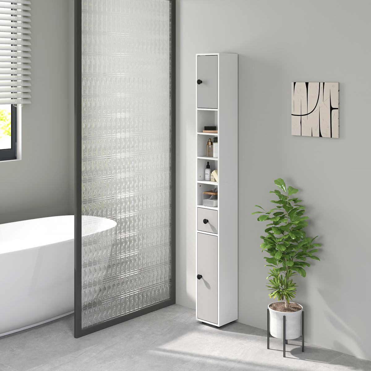 kleankin Slim Bathroom Storage Cabinet with Shelves, Light Grey