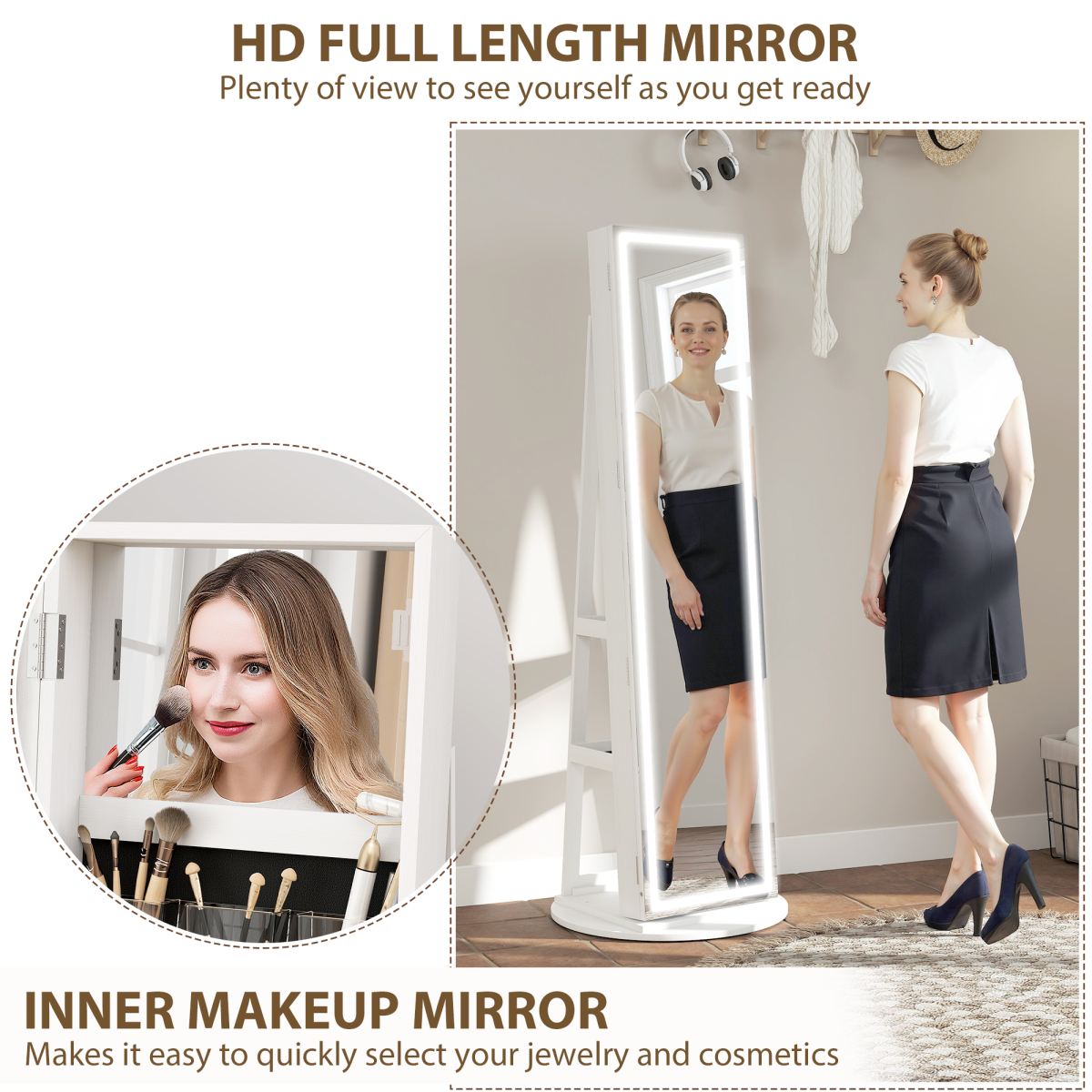 HOMCOM 360° Swivel Jewellery Cabinet Mirror with Storage, White