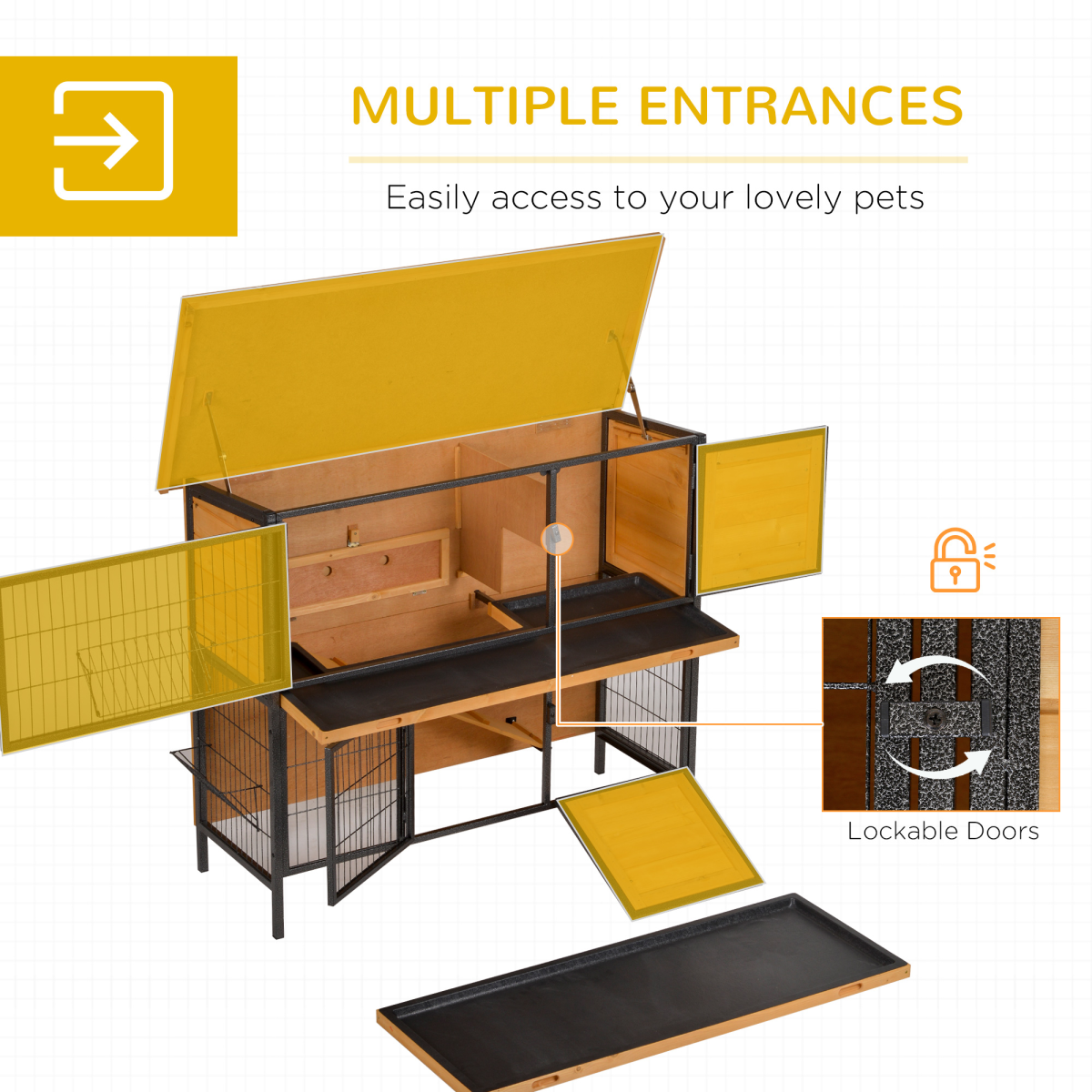 PawHut Wooden and Metal Rabbit Hutch with Slide-Out Tray, Outdoor Bunny Pet House, Light Yellow