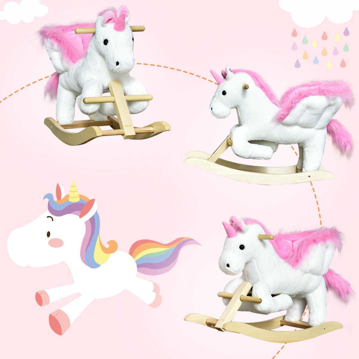 Kids Wooden Unicorn Rocking Horse Ride On Plush Toy with Soft Seat, Musical Button, Pink