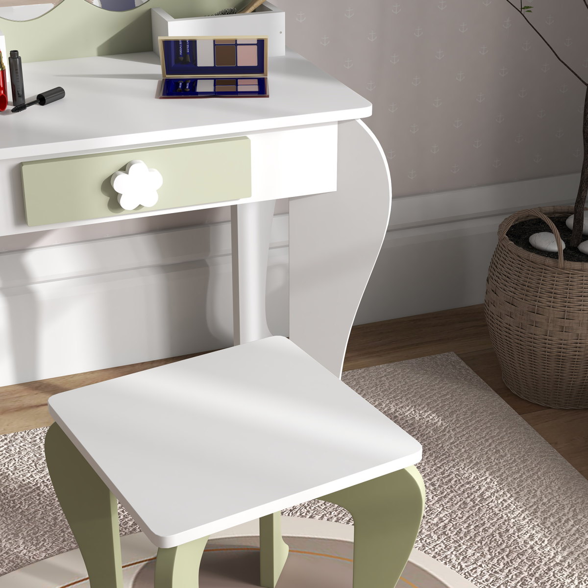 ZONEKIZ Kids Vanity Table Set with Stool, Mirror, Flower Design, White