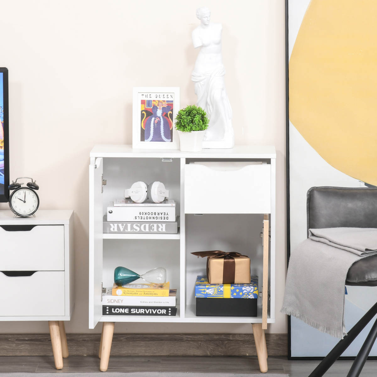 White Storage Cabinet Sideboard with Drawer for Bedroom/Living Room