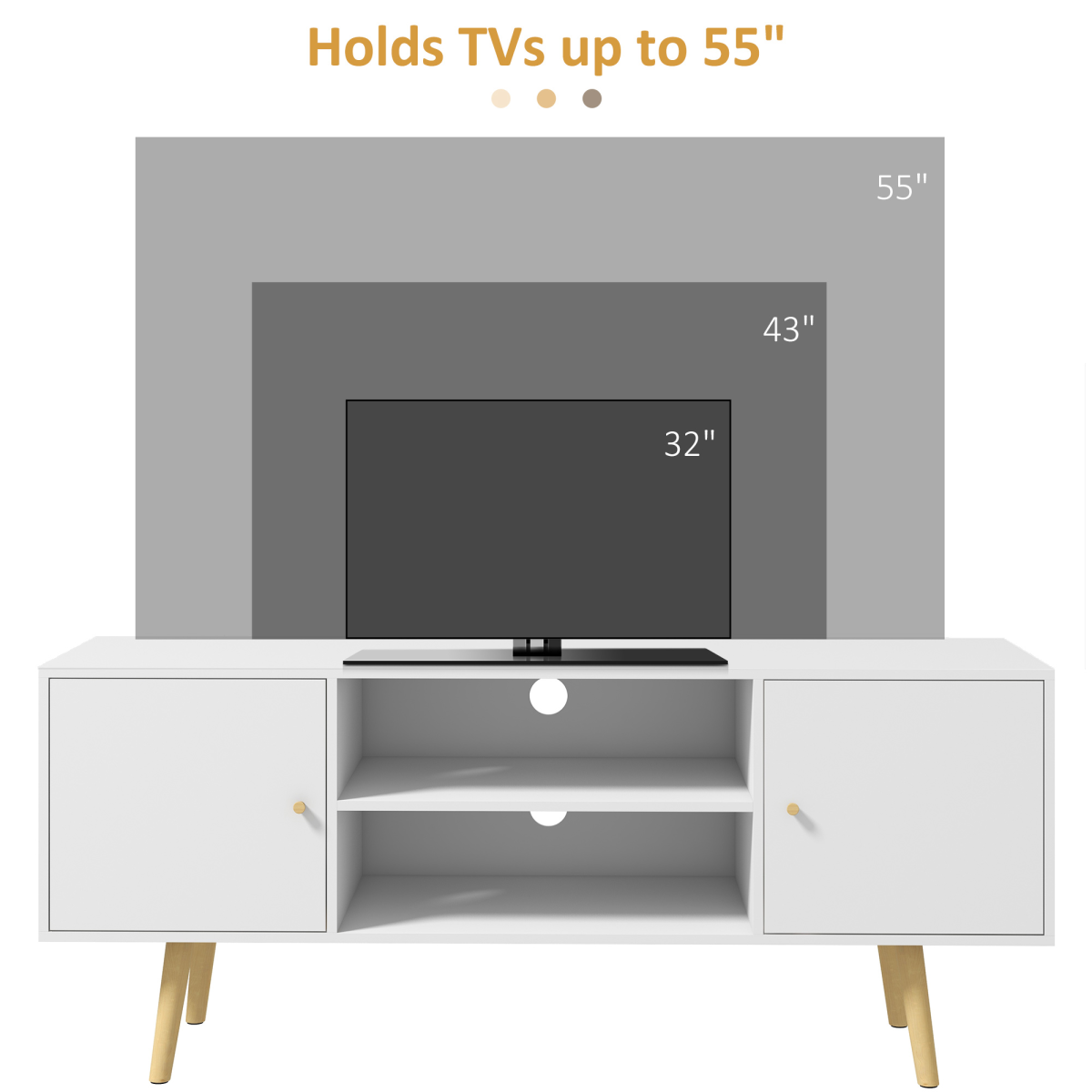 White TV Stand Cabinet with Storage, Cable Management, Wood Legs