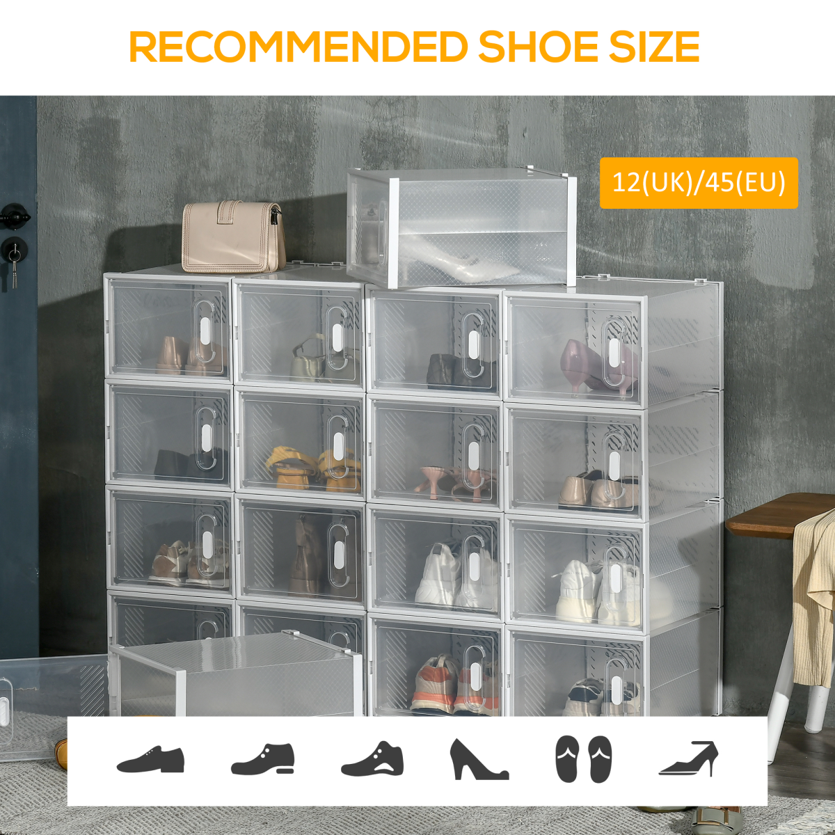 HOMCOM 18PCS Clear Stackable Shoe Boxes, PP Plastic, UK/EU Size up to 12, 28 x 36 x 21cm