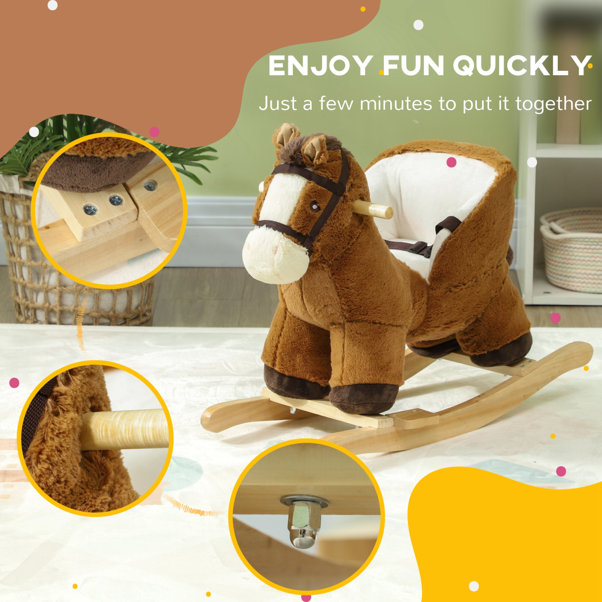 AIYAPLAY Kids Rocking Horse with Sound, Safety Belt, Brown