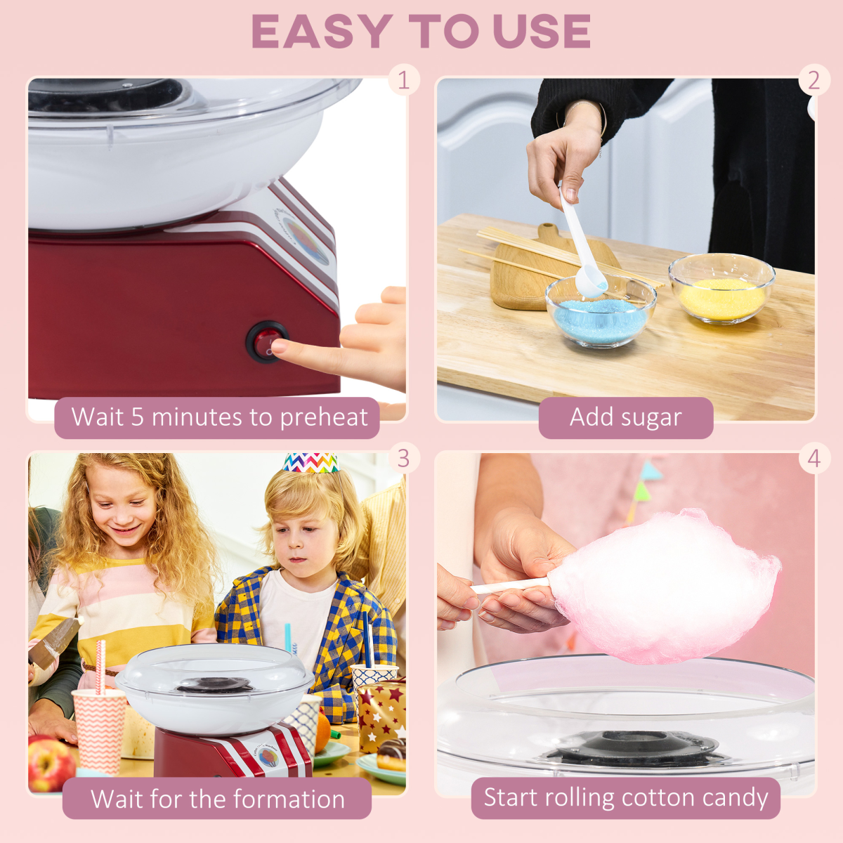 HOMCOM 450W Candy Floss Machine with Stainless Steel Cover, Bamboo Sticks and Aluminium Turntable