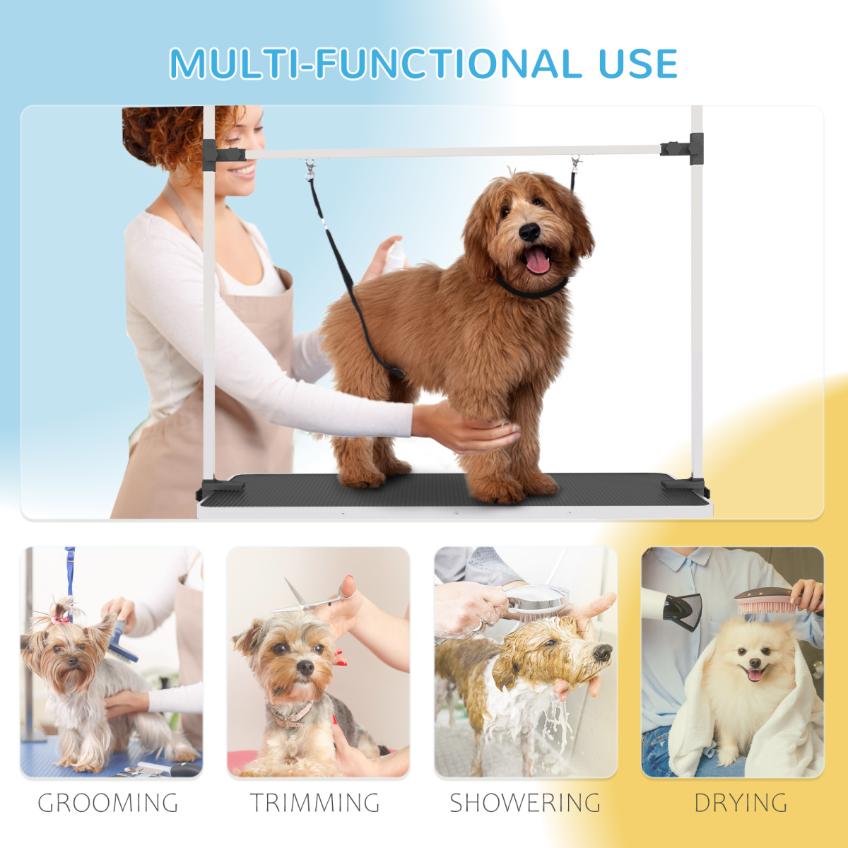 PawHut Adjustable Metal Dog Grooming Table with Non-Slip Rubber Top, 2 Safety Slings, Mesh Storage Basket, Black