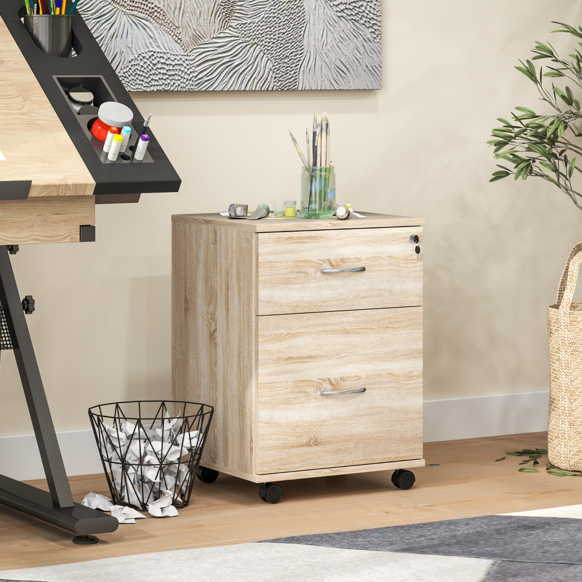 HOMCOM 2-Drawer Mobile Filing Cabinet with Lock, Oak Wood Grain
