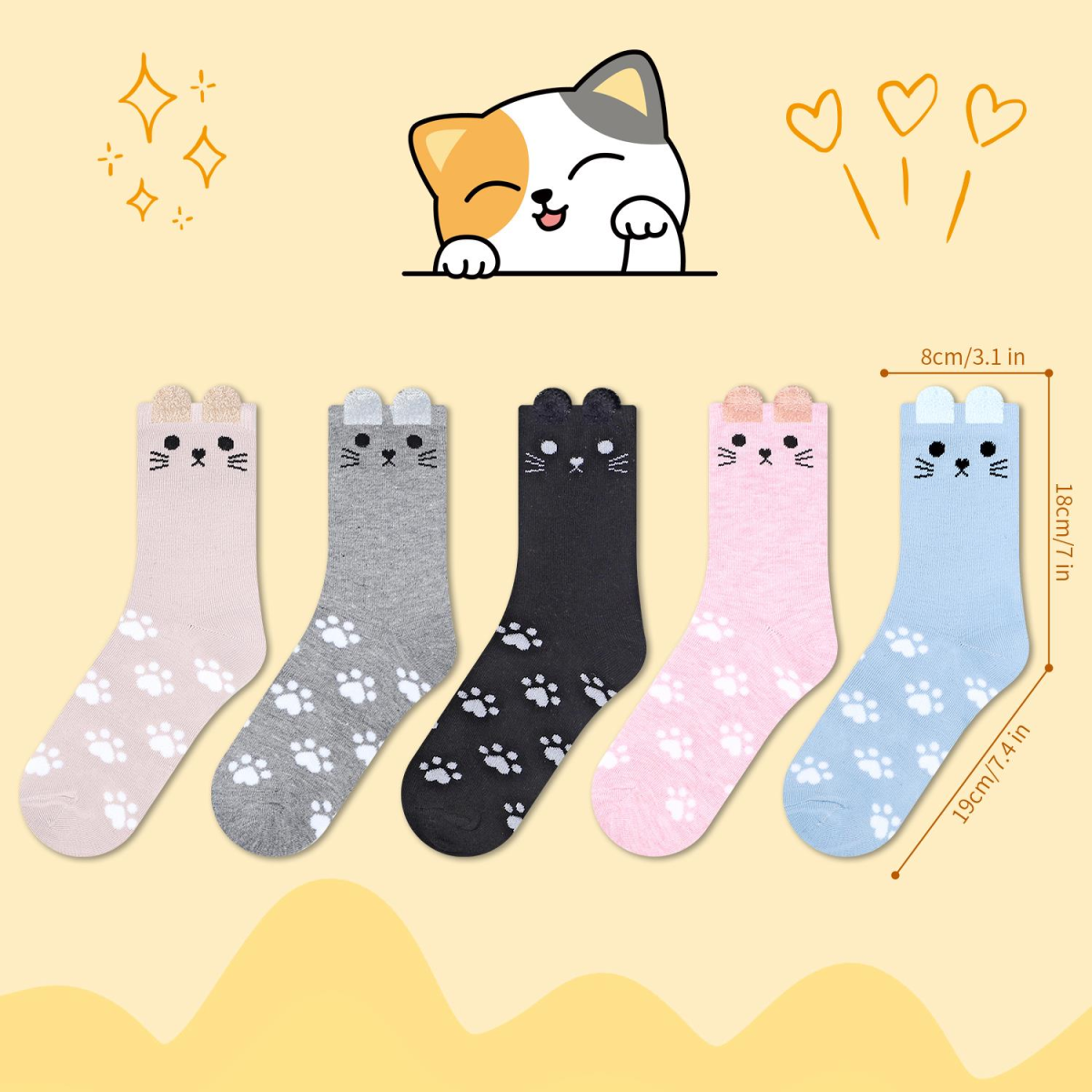 Vinsani Women's Cat Socks 5 Pack, UK 4-7 / EU 37-40