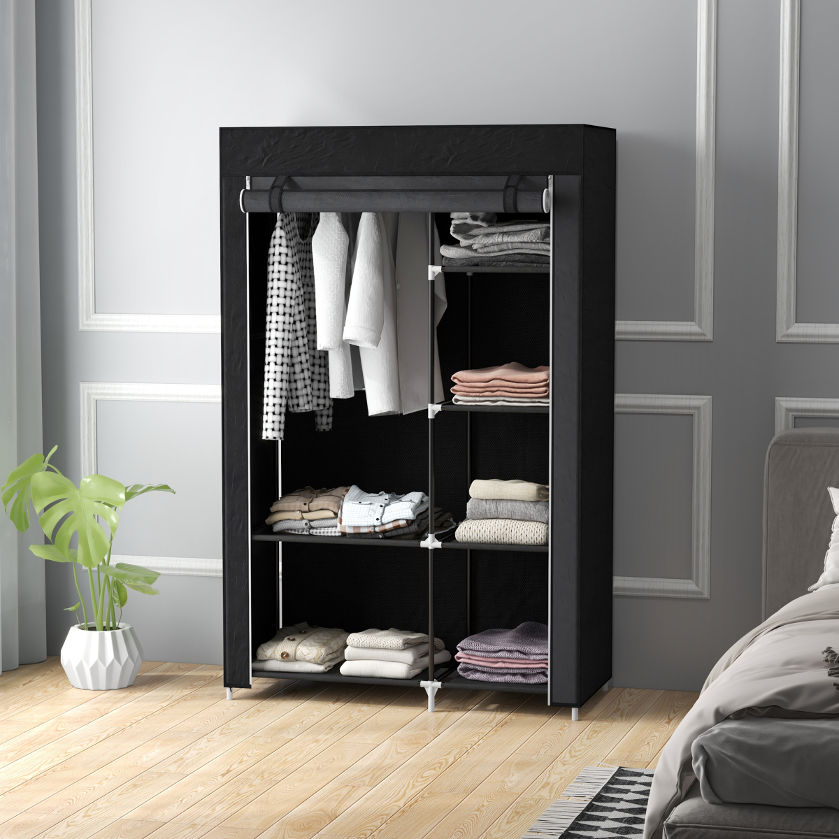 HOMCOM Portable Wardrobe Closet with Hanging Rail & 6 Shelves, Black