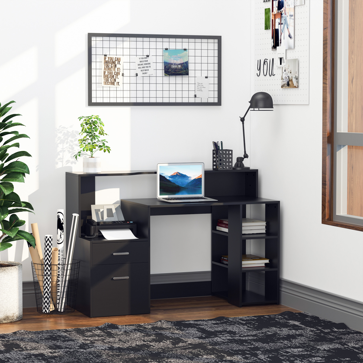 HOMCOM Multi-Storage Workstation Desk Table with Side Shelves, Drawer Cabinet and Printer Space, Black
