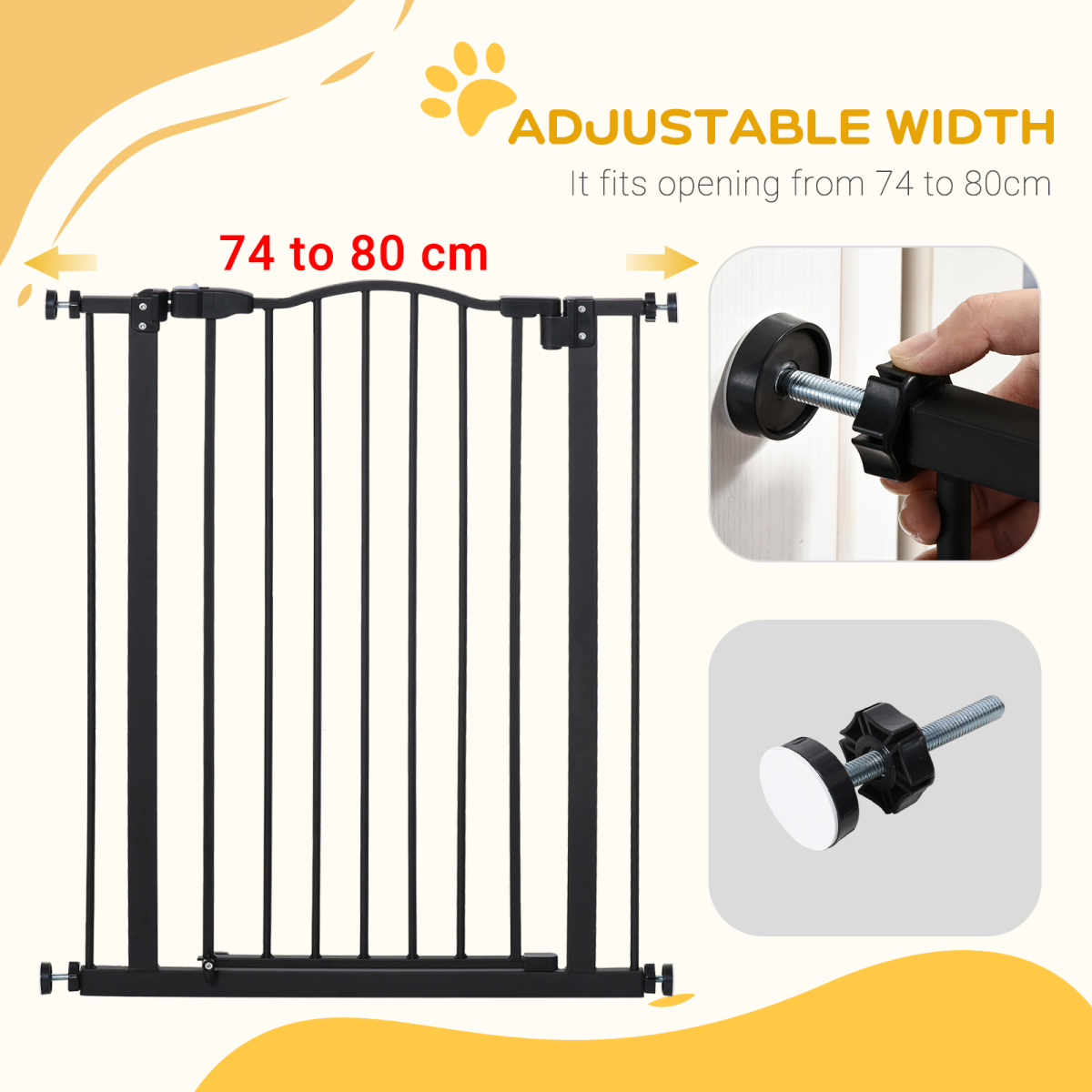 PawHut 74-80cm Adjustable Metal Pet Safety Gate with Auto-Close Auto-Locking Door, Black