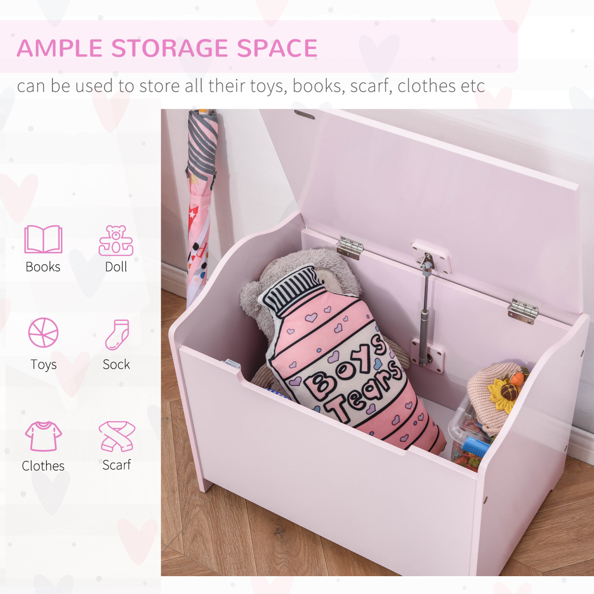 Kids Toy Storage Box Organiser, 60 x 40 x 48cm, Pink, Ages 3+, Bedroom Storage, MDF