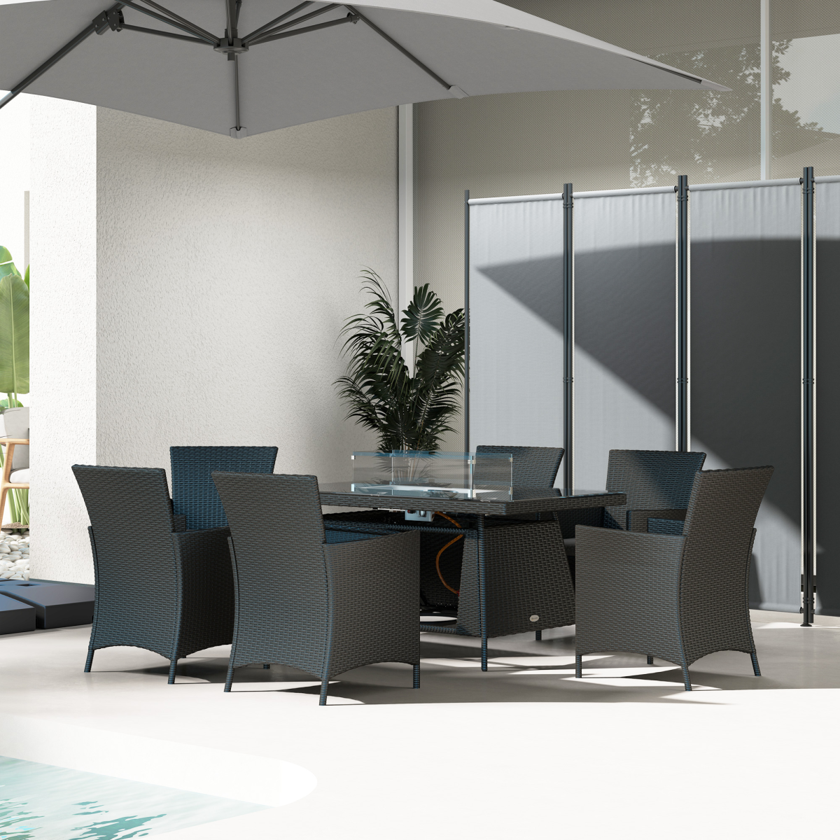 Outsunny 7 Piece Rattan Garden Dining Set with Fire Pit Table, Black
