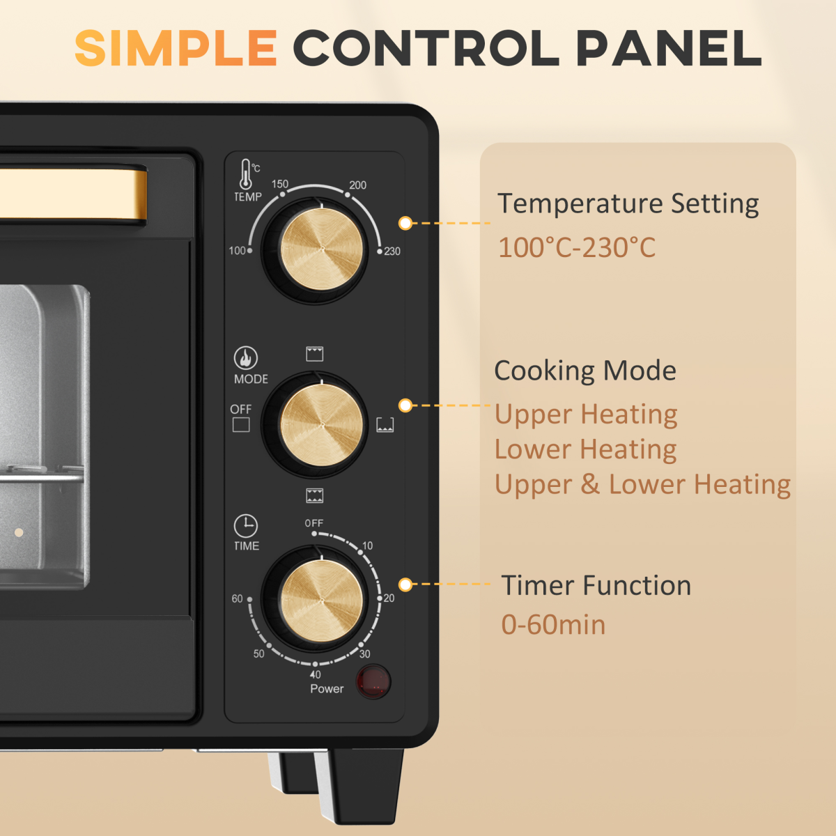 HOMCOM 16L Countertop Mini Oven 1400W with Adjustable Temp & Timer