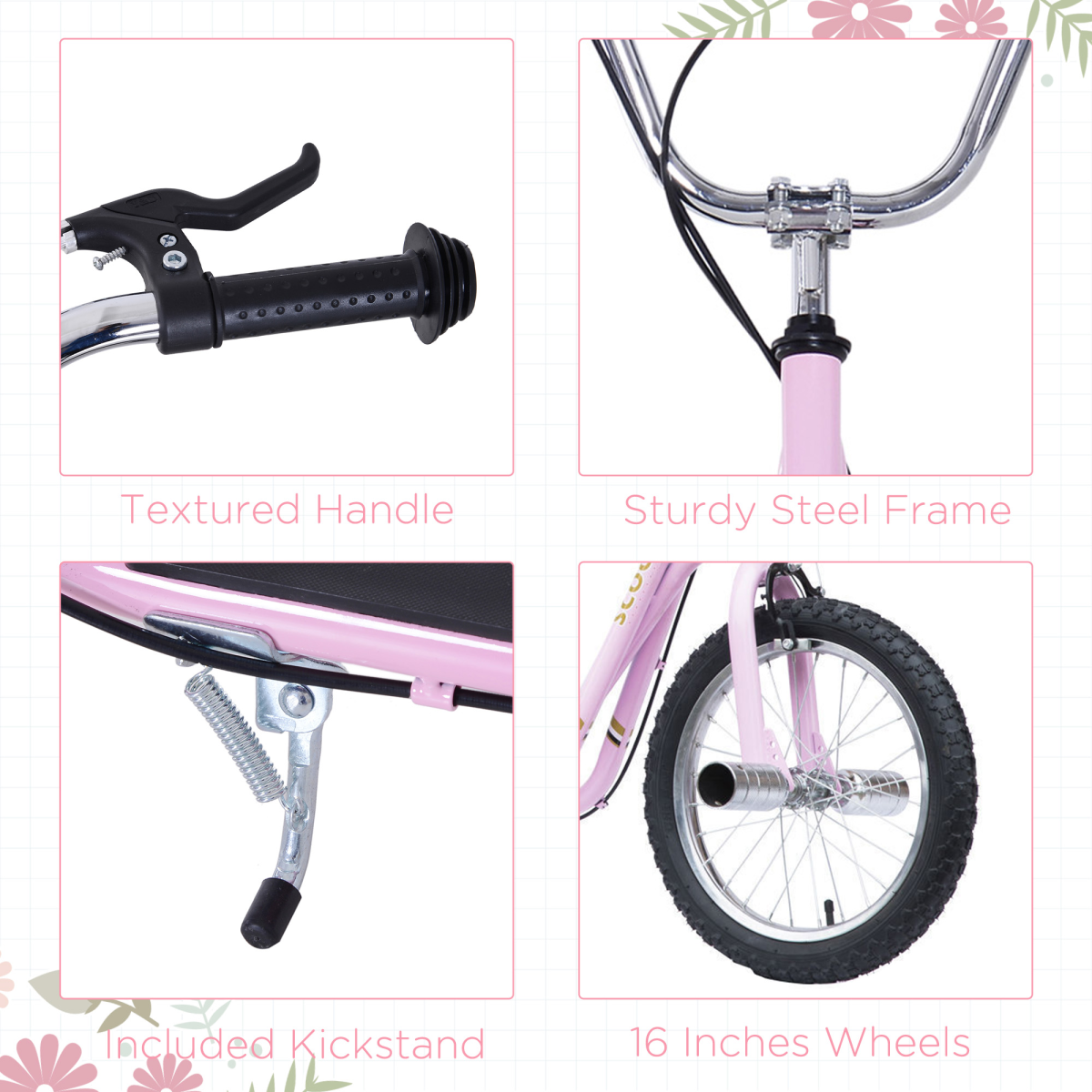 HOMCOM Kids Stunt Scooter 16 Inch Wheels Adjustable Height Pink, Age 5+, Steel Frame, Front and Rear Brakes