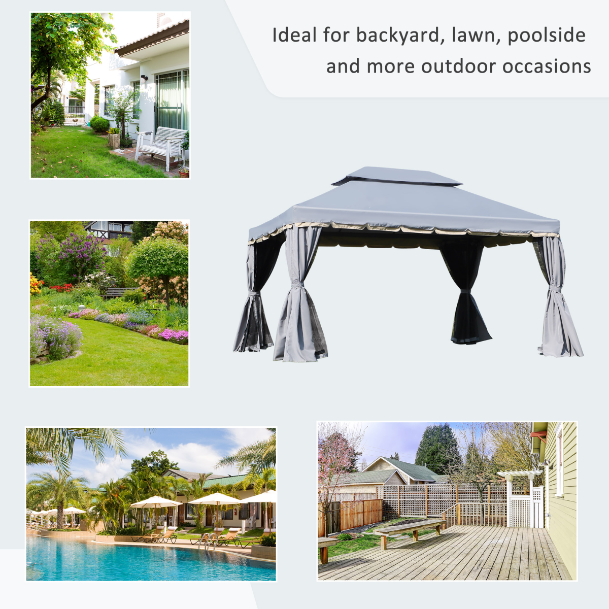 Outsunny 3 x 4m Aluminium Gazebo with 2-Tier Roof, Garden Nets and Sidewalls, Grey