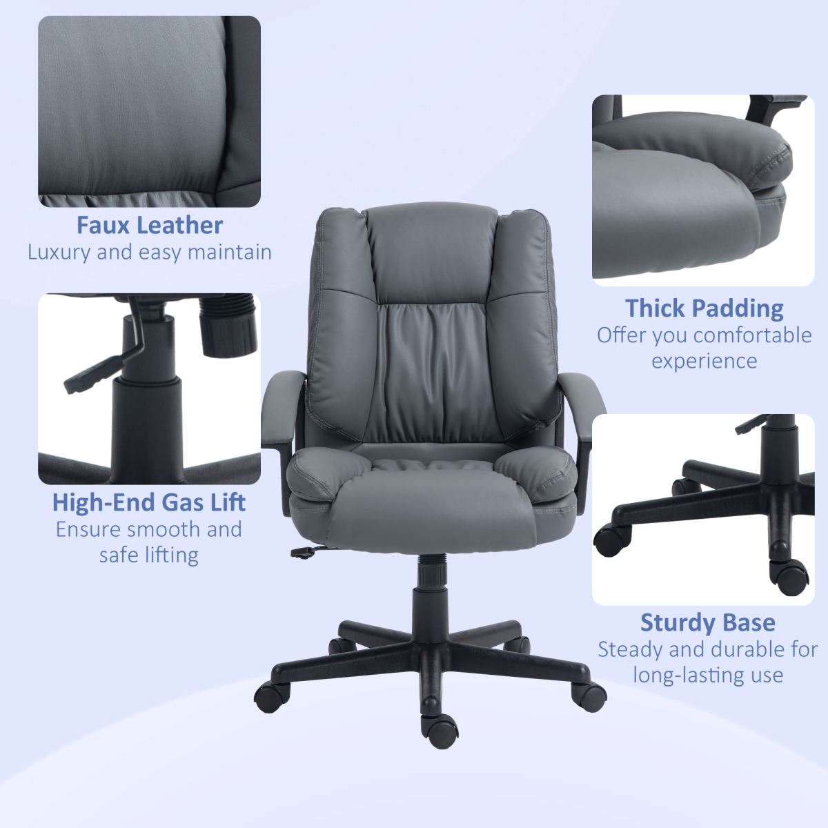 HOMCOM Ergonomic PU Leather Home Office Chair with Arms, Dark Grey