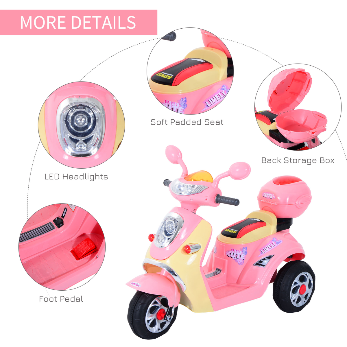 HOMCOM Kids Electric Ride On Motorbike, 3-Wheel Battery Tricycle with Headlight, Music, Forward/Backward Control, Ages 3-5