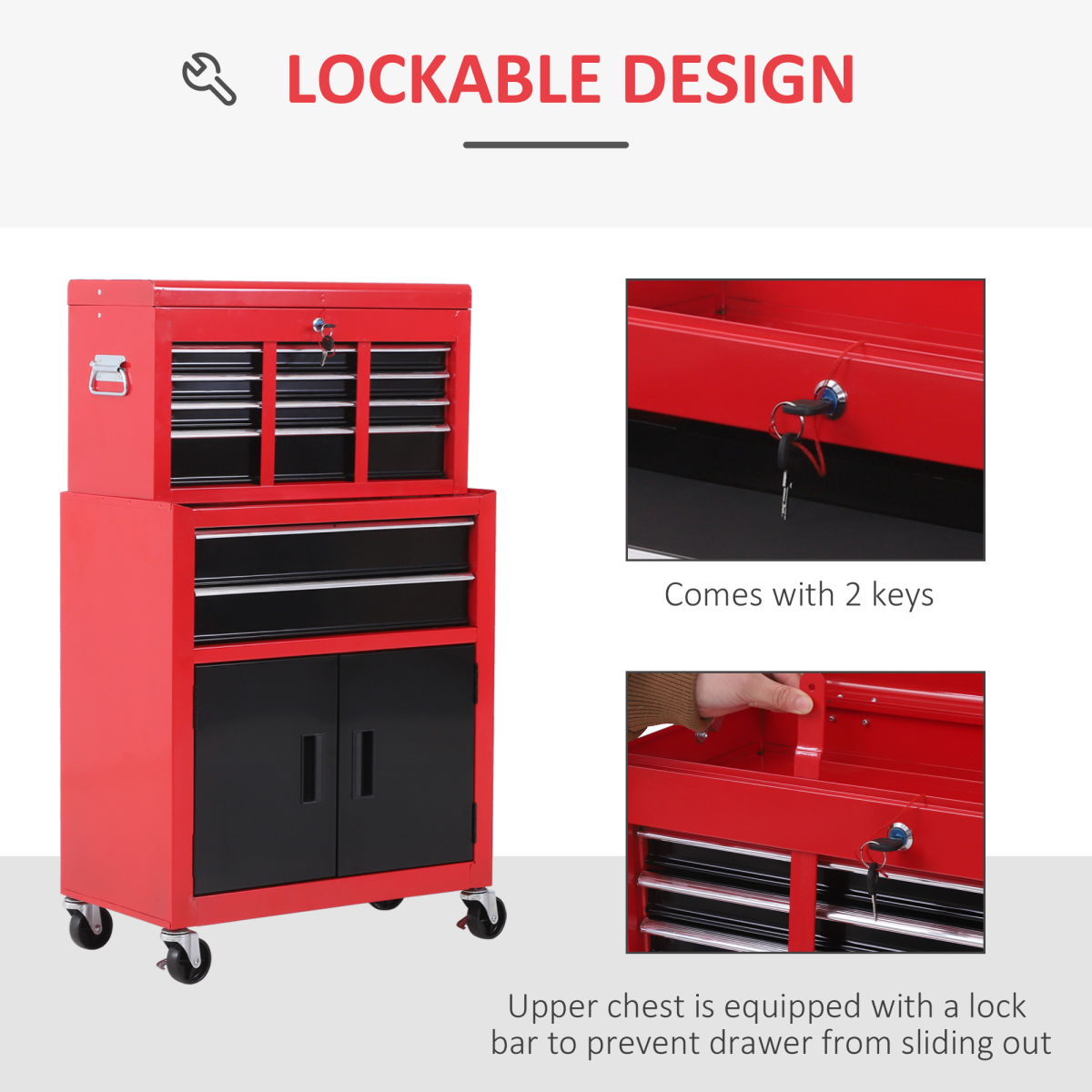 Portable Tool Chest and Roll Cab Combo with 6 Drawers, Lockable Top Chest, 360° Swivel Ball Bearing Runners, Metal Garage Storage Cabinet