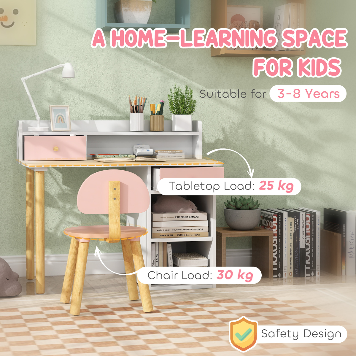 AIYAPLAY Kids Desk and Chair Set with Storage for Ages 3-8, Pink