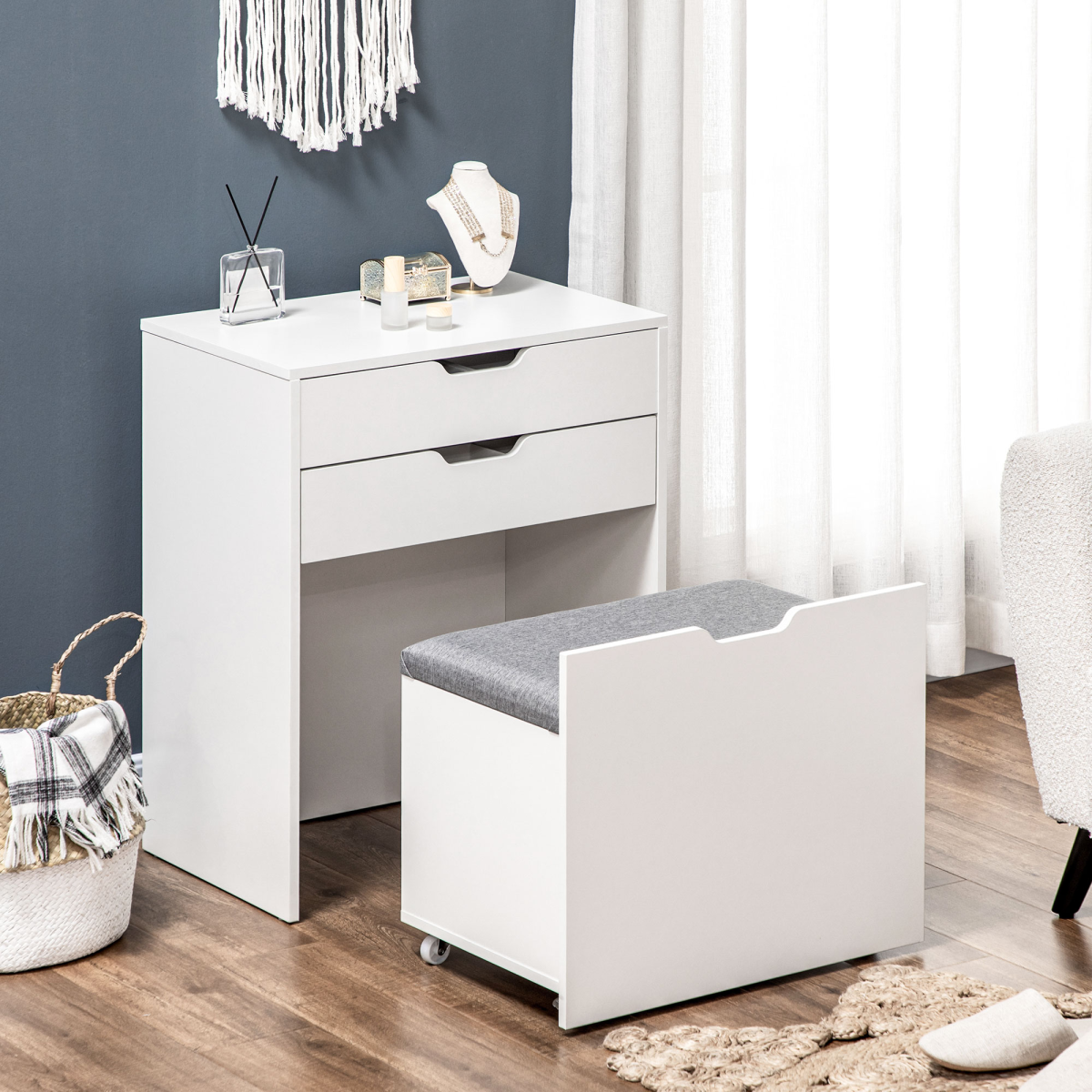 White Dressing Table Set with Flip-Up Mirror, Stool and Drawer