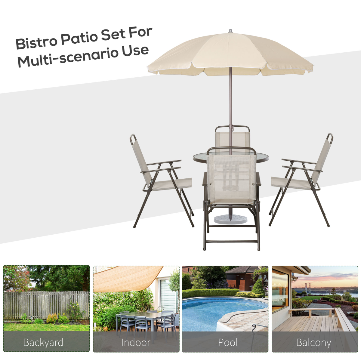 Outsunny 6 Piece Garden Outdoor Dining Set with Folding Chairs, Table, Parasol and Tempered Glass Top