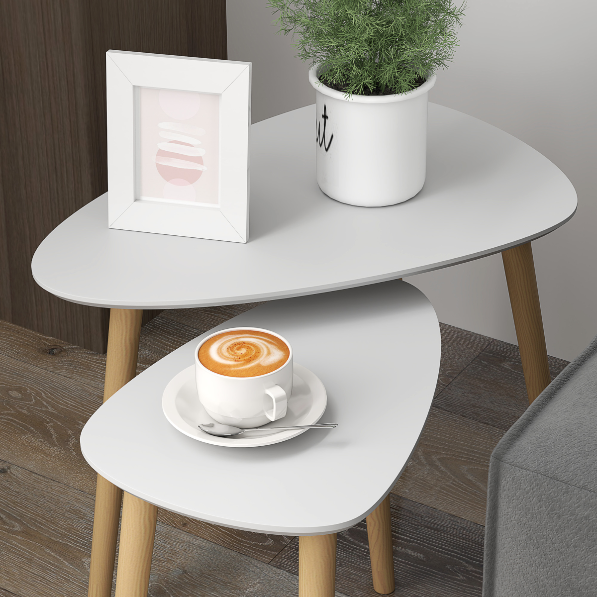 HOMCOM Set of 2 Modern Nesting Side Tables, Grey and Natural