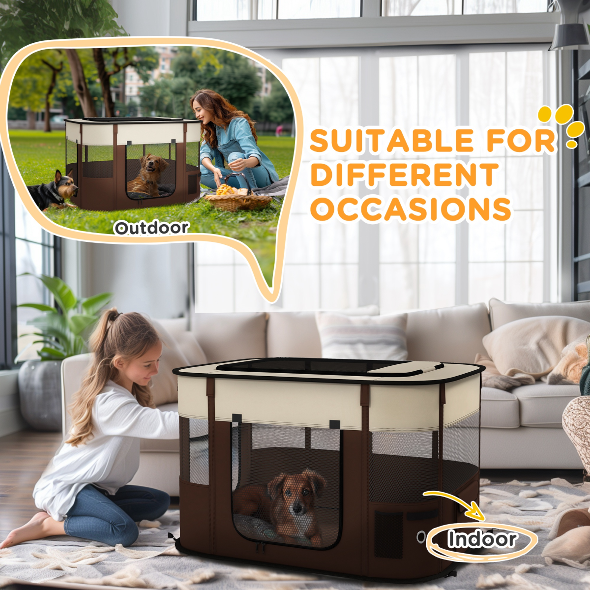PawHut Portable Foldable Dog Pen for Puppies, Rabbits, Kittens, Guinea Pigs - Brown