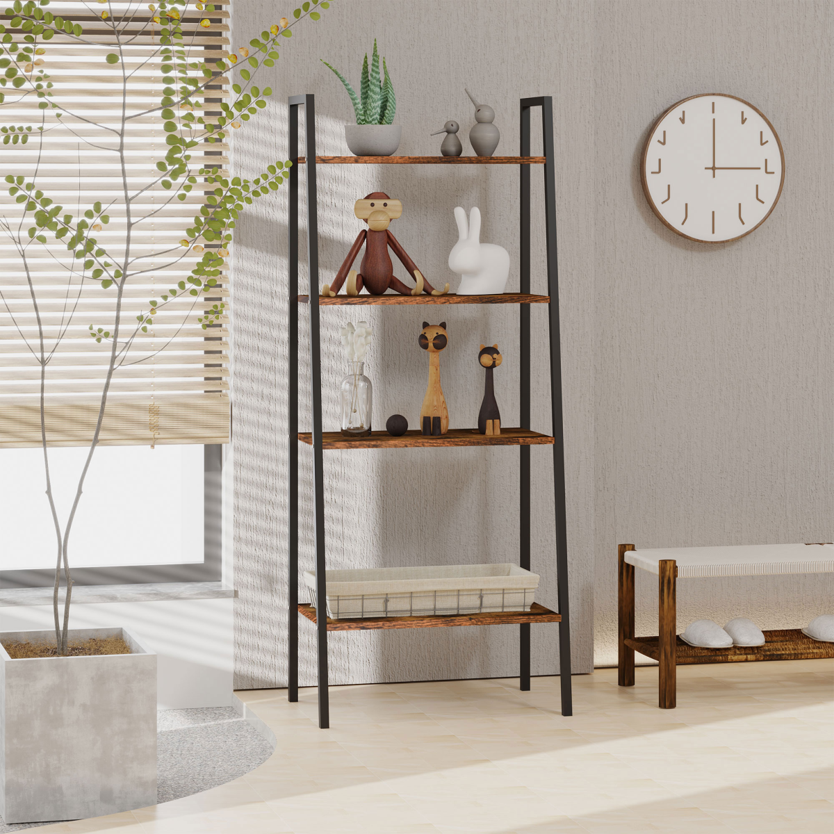 4-Tier Minimalist Ladder Shelf Unit with Steel Frame and MDF Shelves for Home Display and Storage