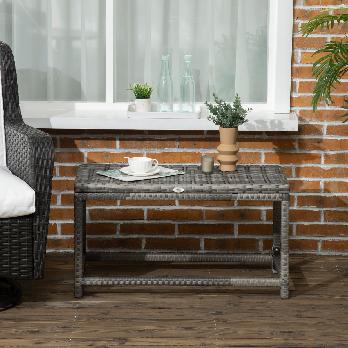 Outsunny Grey Outdoor Rattan Side Table with Steel Frame