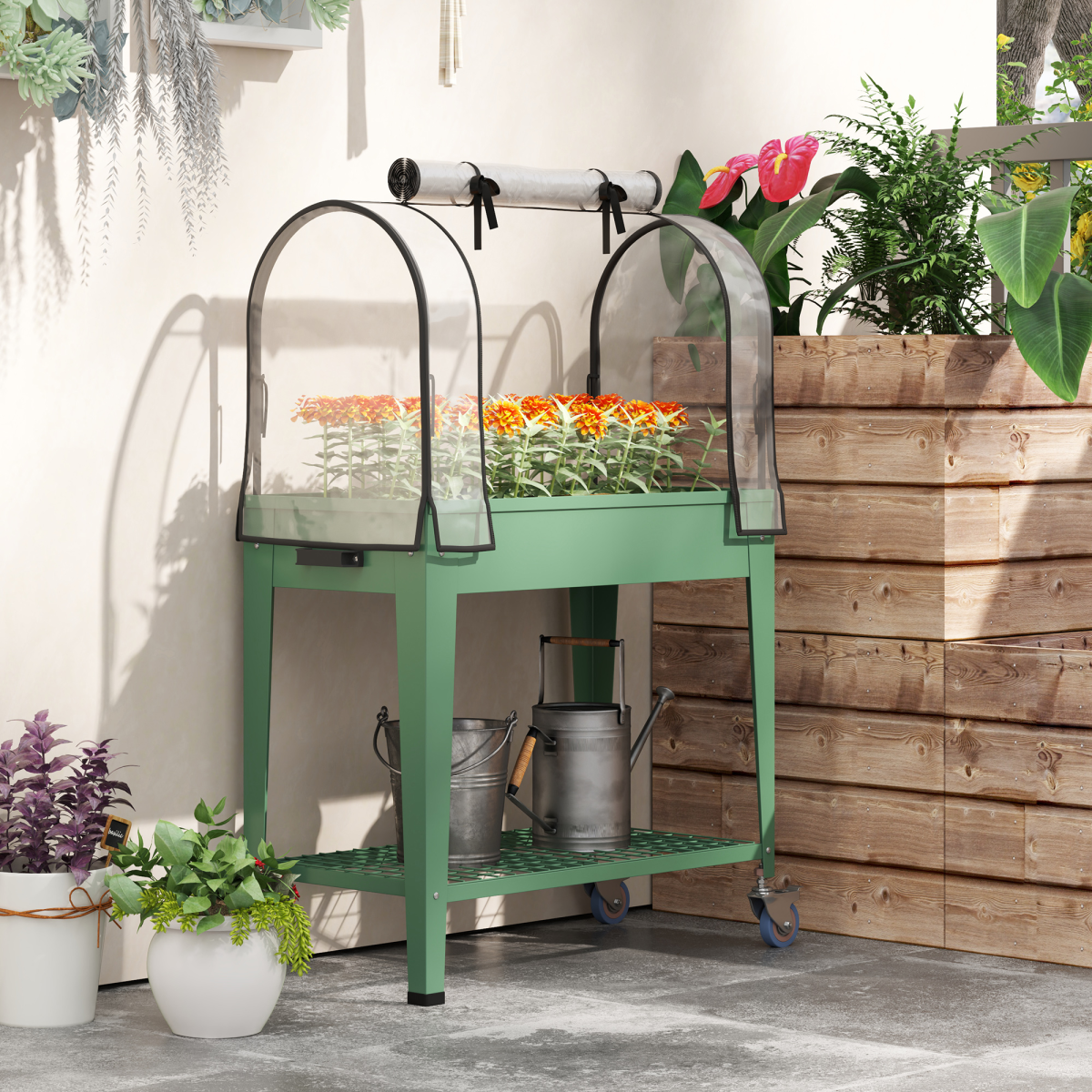 Outsunny Mobile Raised Garden Bed with Greenhouse Cover, Wheels & Shelf