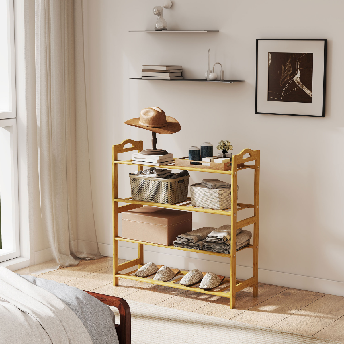 HOMCOM 4-Tier Bamboo Shoe Rack Shelf Stand, Natural Finish