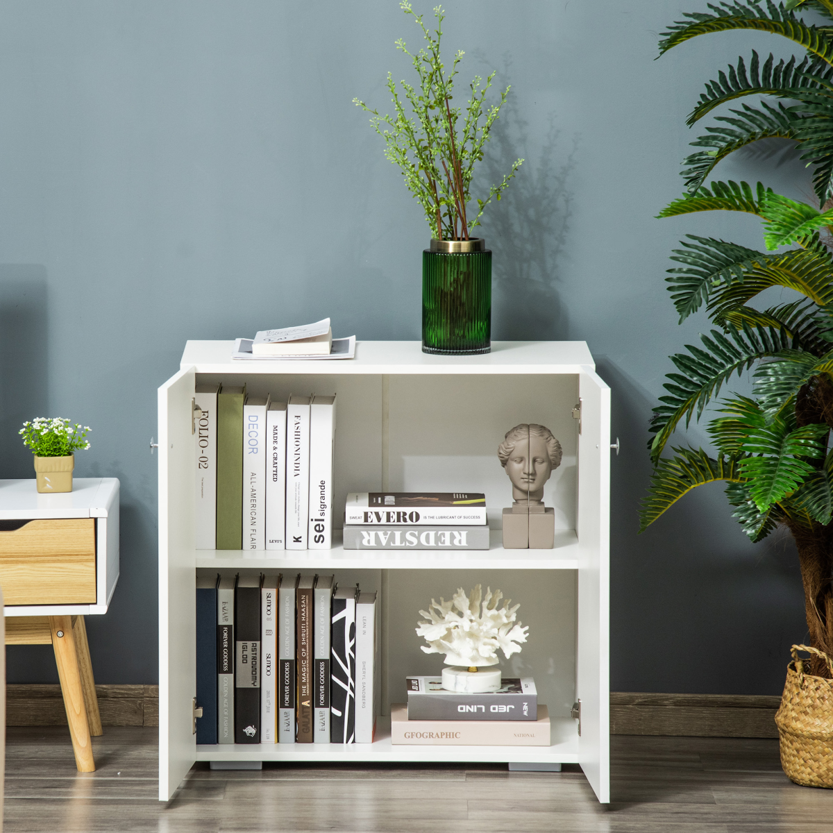 Freestanding Storage Cabinet with 2 Shelves, Wooden Sideboard, White