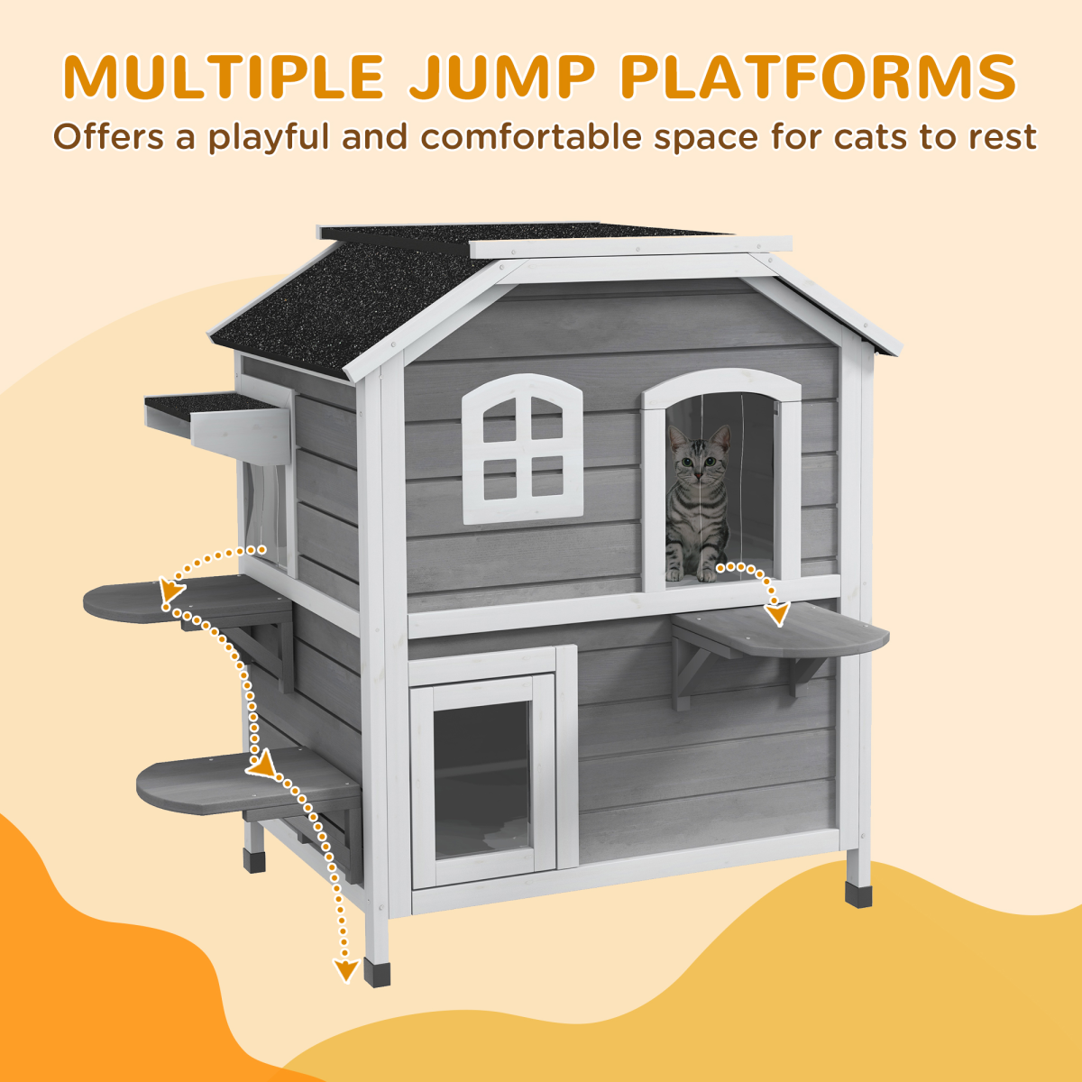 PawHut Large Fir Wood 2-Floor Cat Condo with Openable Roof, Outdoor/Indoor Catio, Grey